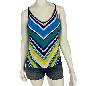 Nautica Tankini Swim Top Women's Blue Chevron Striped V-Neck Cross-Back Sz M NWT
